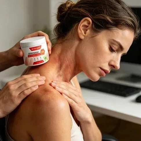 Arthryon cream being applied to shoulder for soothing relief